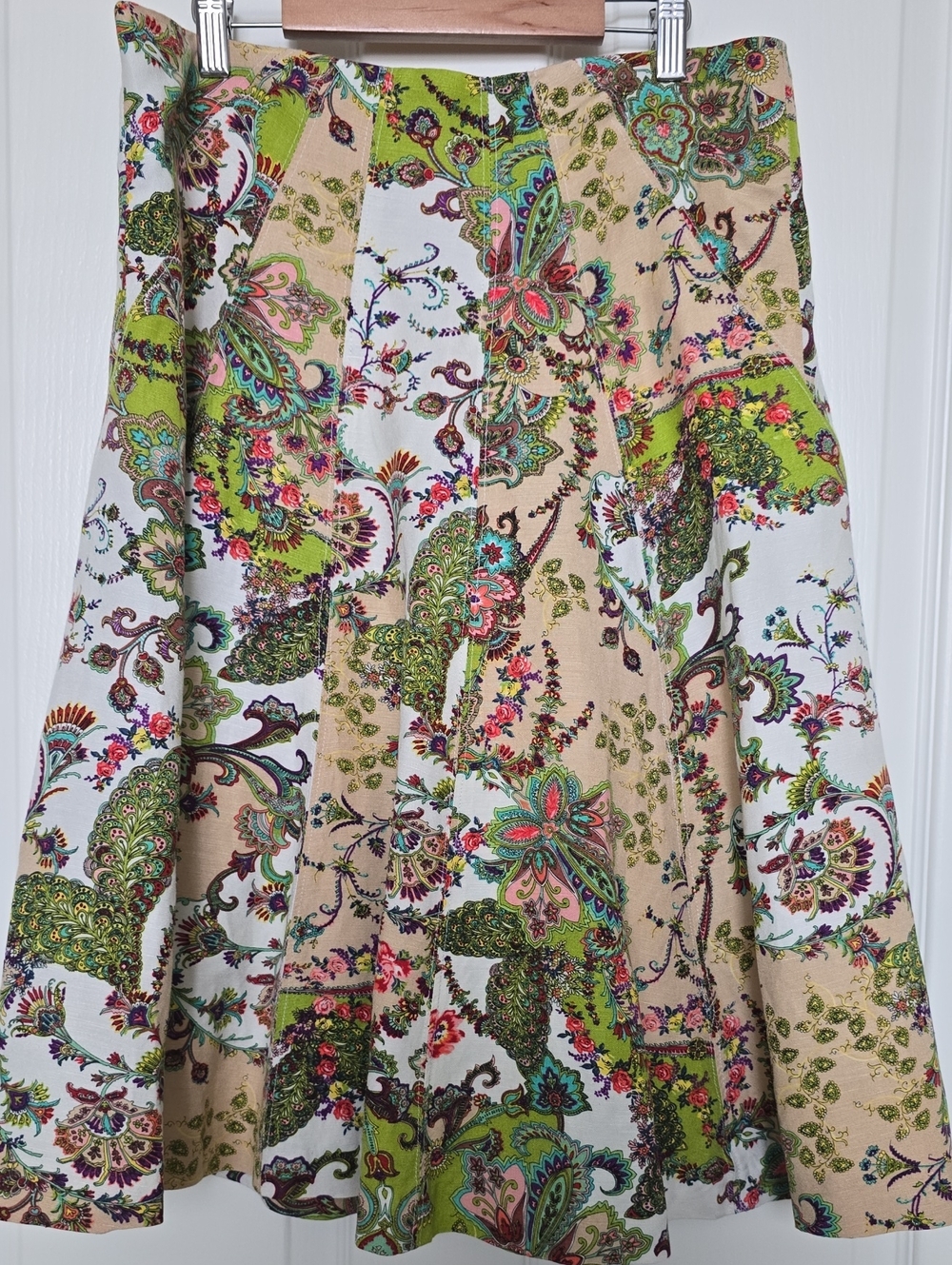 Premise Paisley Patchwork A-Line Skirt in Green and Cream